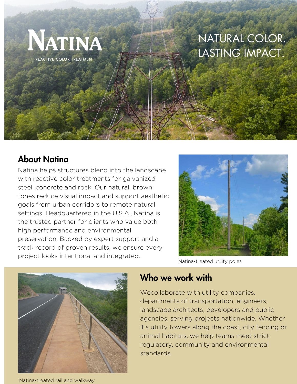 Image showing Natina-treated infrastructure with rustic, brown-toned finishes and product benefits overview.