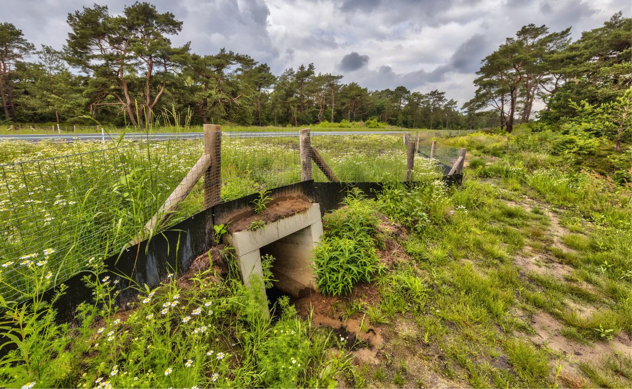 Wildlife underpass beneath a roadway designed to provide safe animal passage and maintain habitat connectivity.