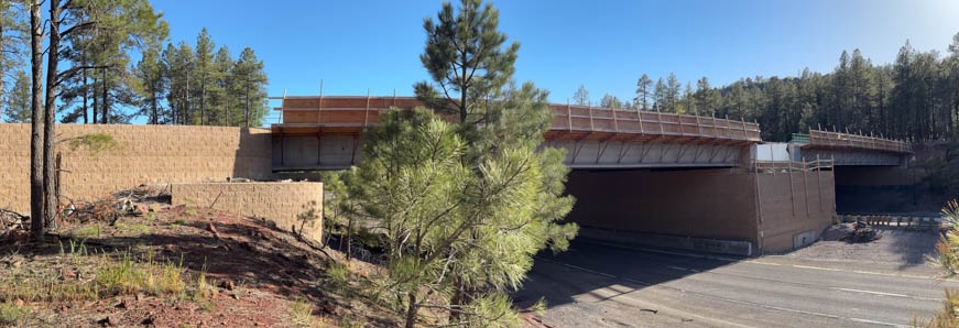 Wildlife overpass spanning a highway corridor, designed to provide safe animal passage and improve habitat connectivity.